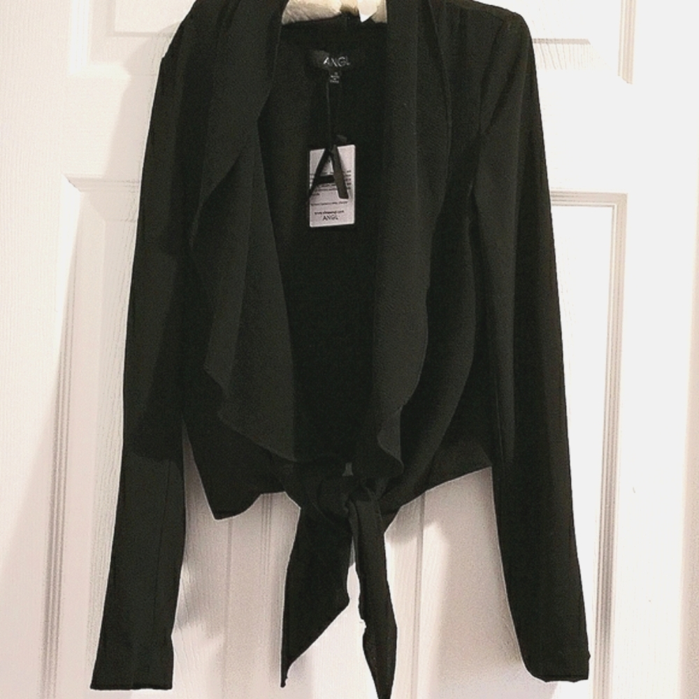 Black Georgette Front Tie Top Semi Sheer Women's Small Black Long Sleeve New